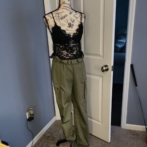 Fashion Nova Black Lace Top with Olive Green Cargo Pants